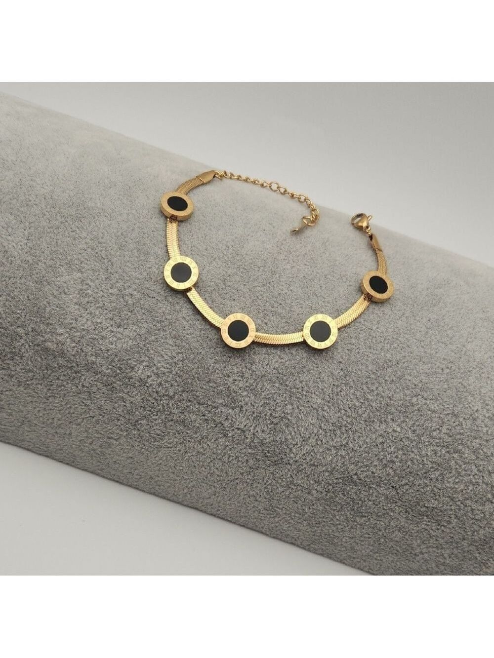 Luxe 18K Gold Plated Circle Motif Roman Numeral Link Bracelet, Black